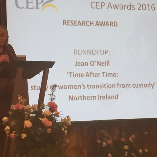 Photo of CEP awards - Jean O'Neill's research acknowledged as runner up for Research Award 2016